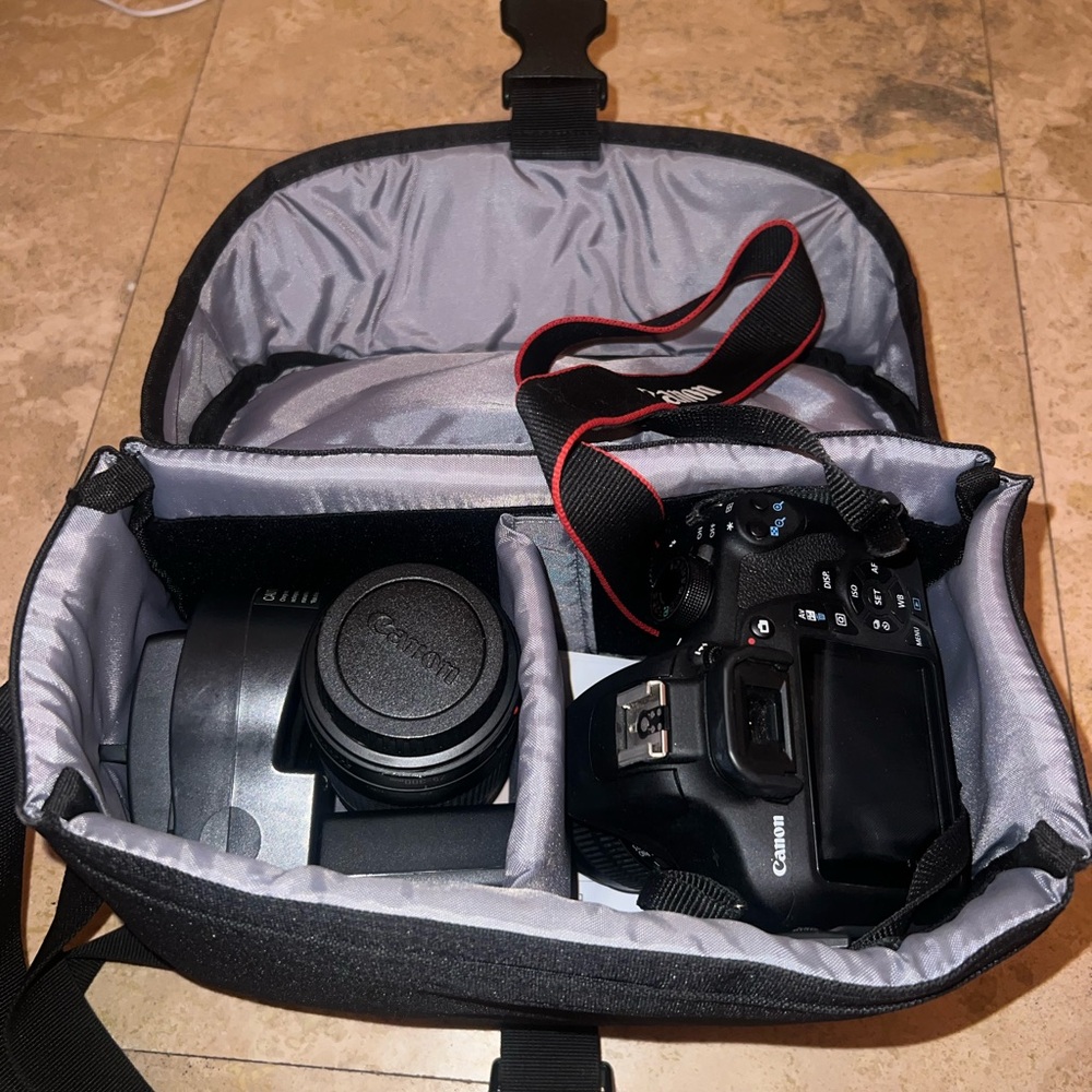 Canon Black and Gray Camera Bag with DSLR and Lens